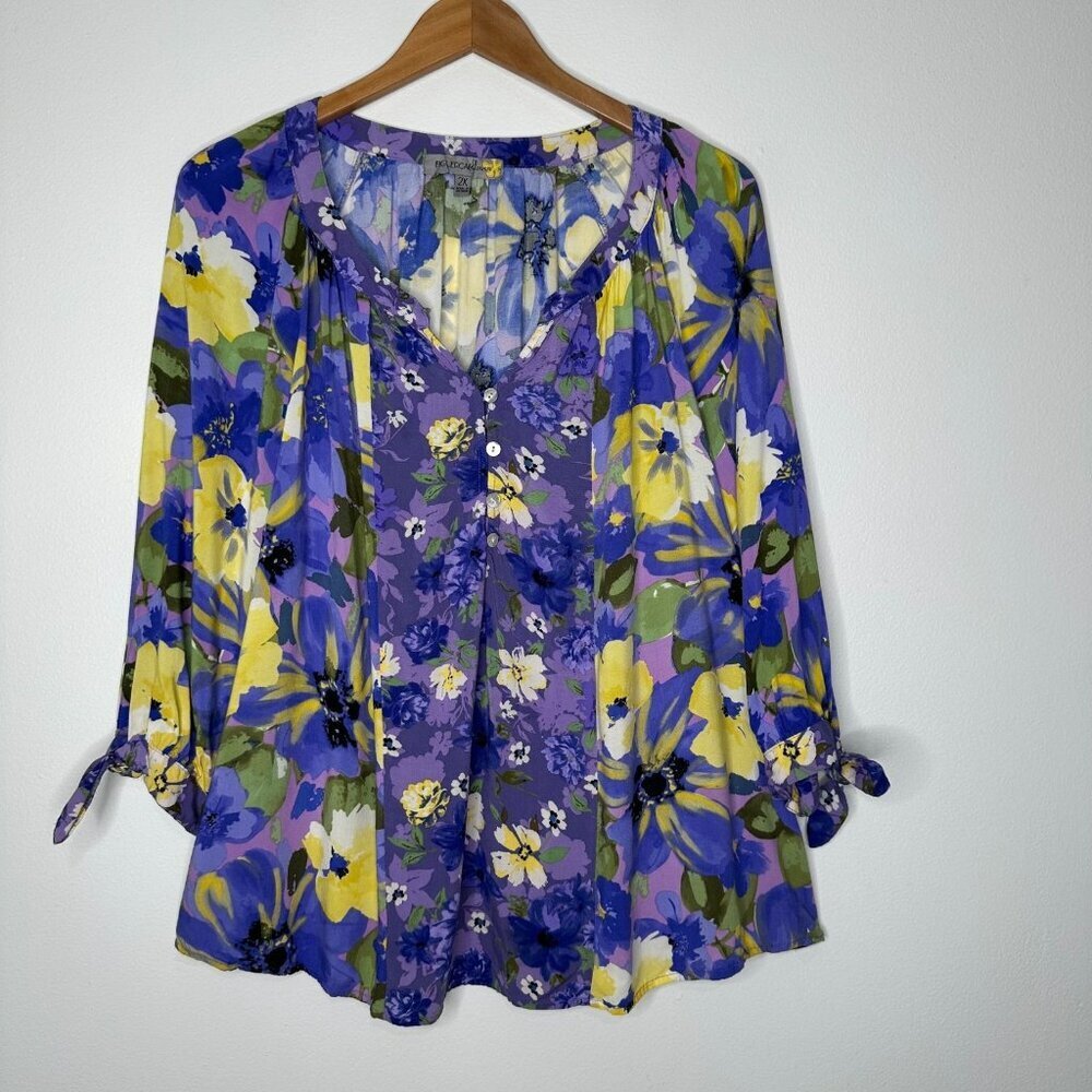 Figueroa & Flower Blouse Size 2X Purple Yellow Floral